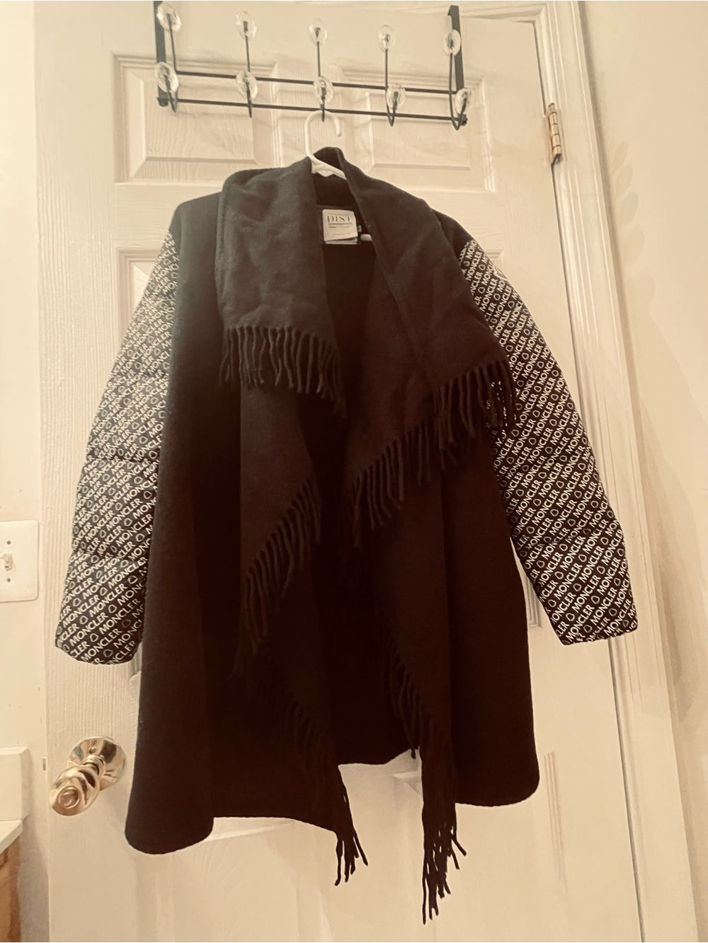 Moncler Coat Poncho - Wool Down Jacket - Size XXS Black Fringe Draped Open-Front